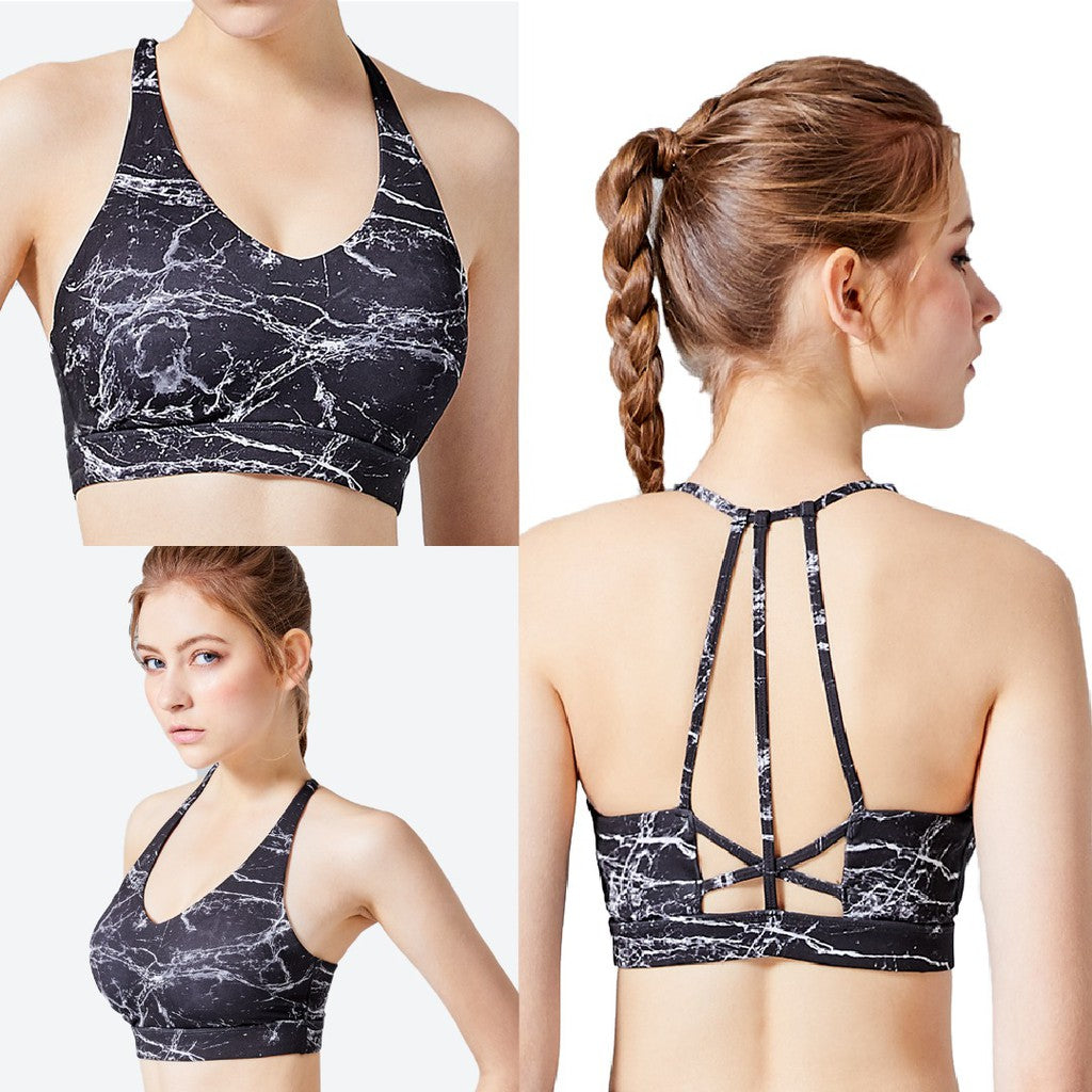 Mollifix| Marble-Print Crossover Straps-Bahan Lembut Tidak Membekas-Fix Pad Sporty Bra-Low Intensity